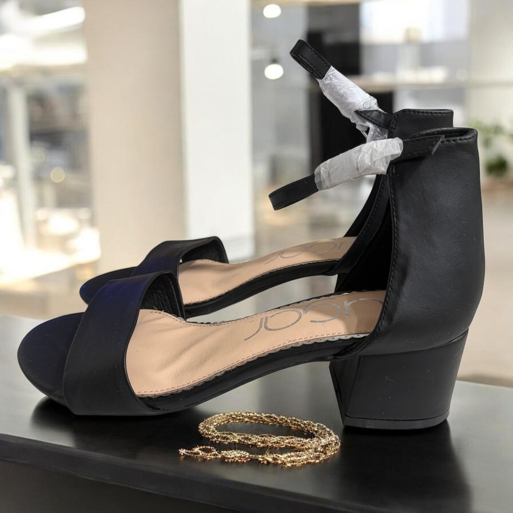 Sugar Black Block Heel Sandals Womens 8.5 Ankle‎ Strap Minimalist Dressy Chic